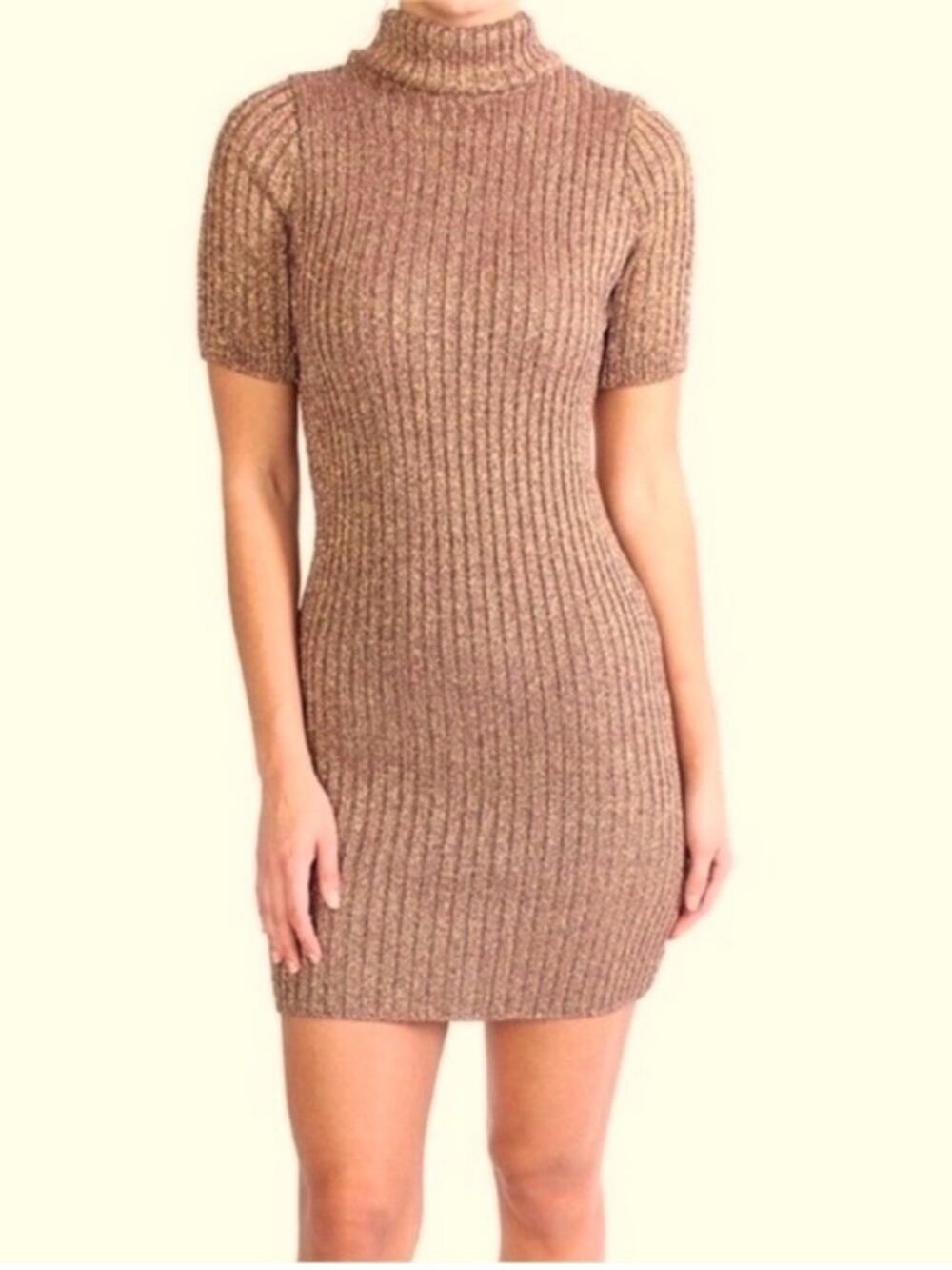 For Love & Lemons KNITZ Shimmer Ribbed Knit Mini Dress - Rose Gold / Bronze XS